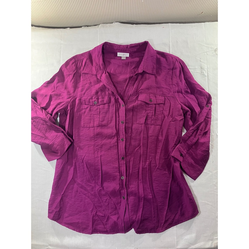 Roz Ali Womens Purple Button Up Collared Pocket Shirtβ Size L